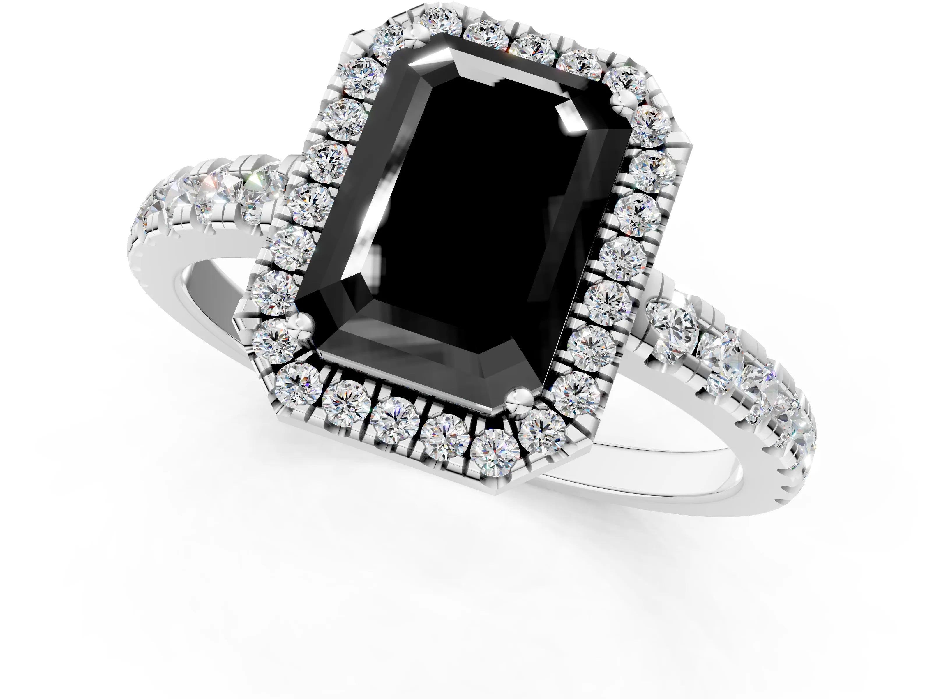 White gold Fancy Black Emerald Cut Diamond Halo Ring with Pavé Band and Four-Prong Setting_13