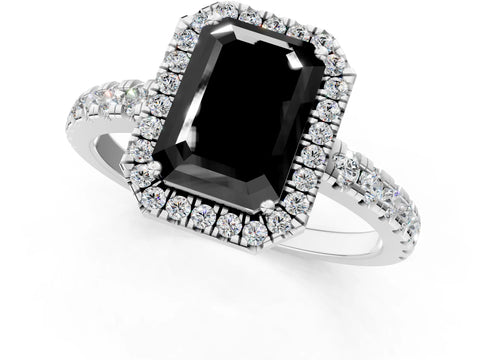 White gold Fancy Black Emerald Cut Diamond Halo Ring with Pavé Band and Four-Prong Setting_13