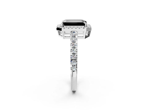 White gold Fancy Black Emerald Cut Diamond Halo Ring with Pavé Band and Four-Prong Setting_14
