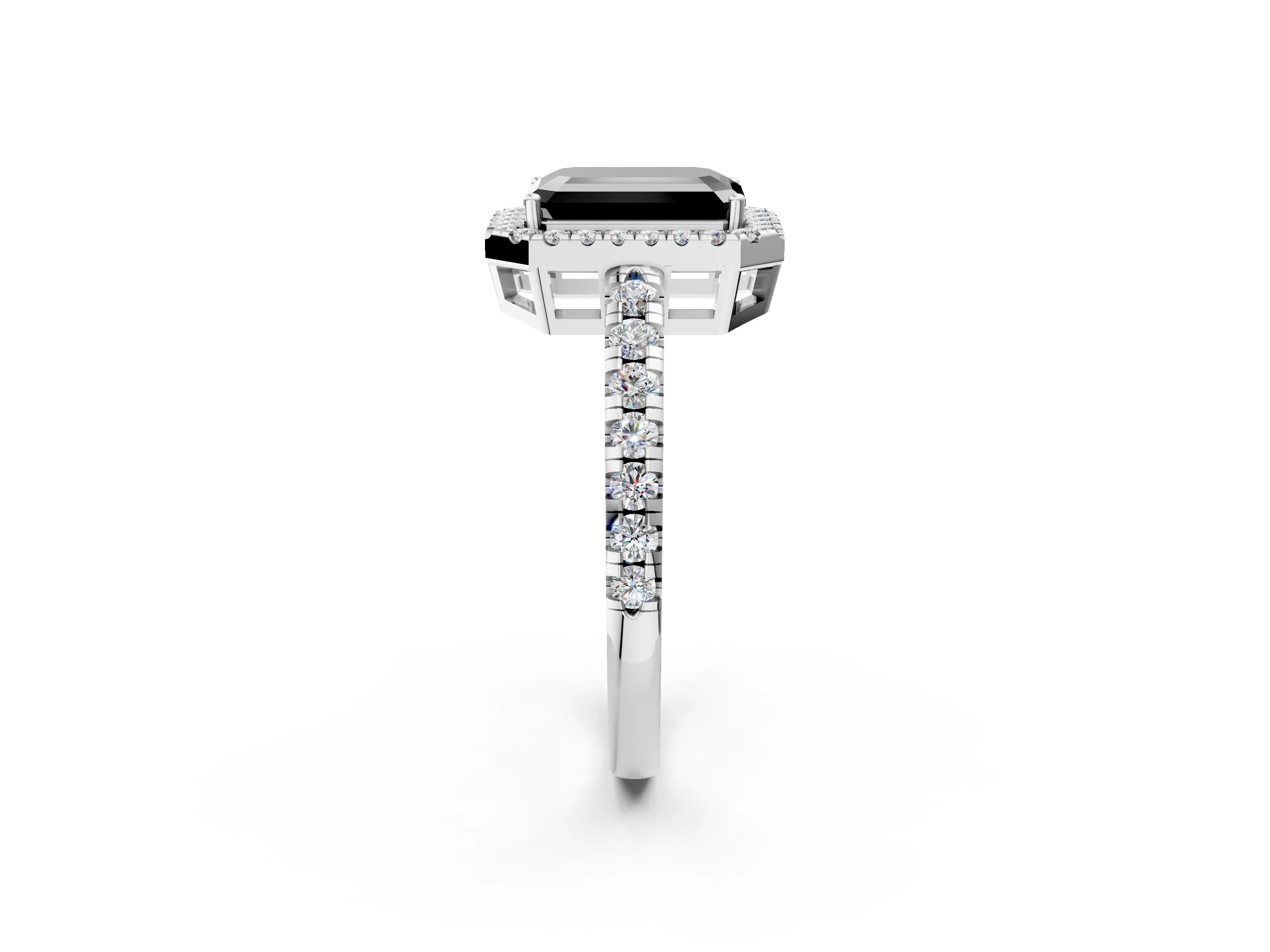 White gold Fancy Black Emerald Cut Diamond Halo Ring with Pavé Band and Four-Prong Setting_14