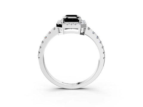 White gold Fancy Black Emerald Cut Diamond Halo Ring with Pavé Band and Four-Prong Setting_15