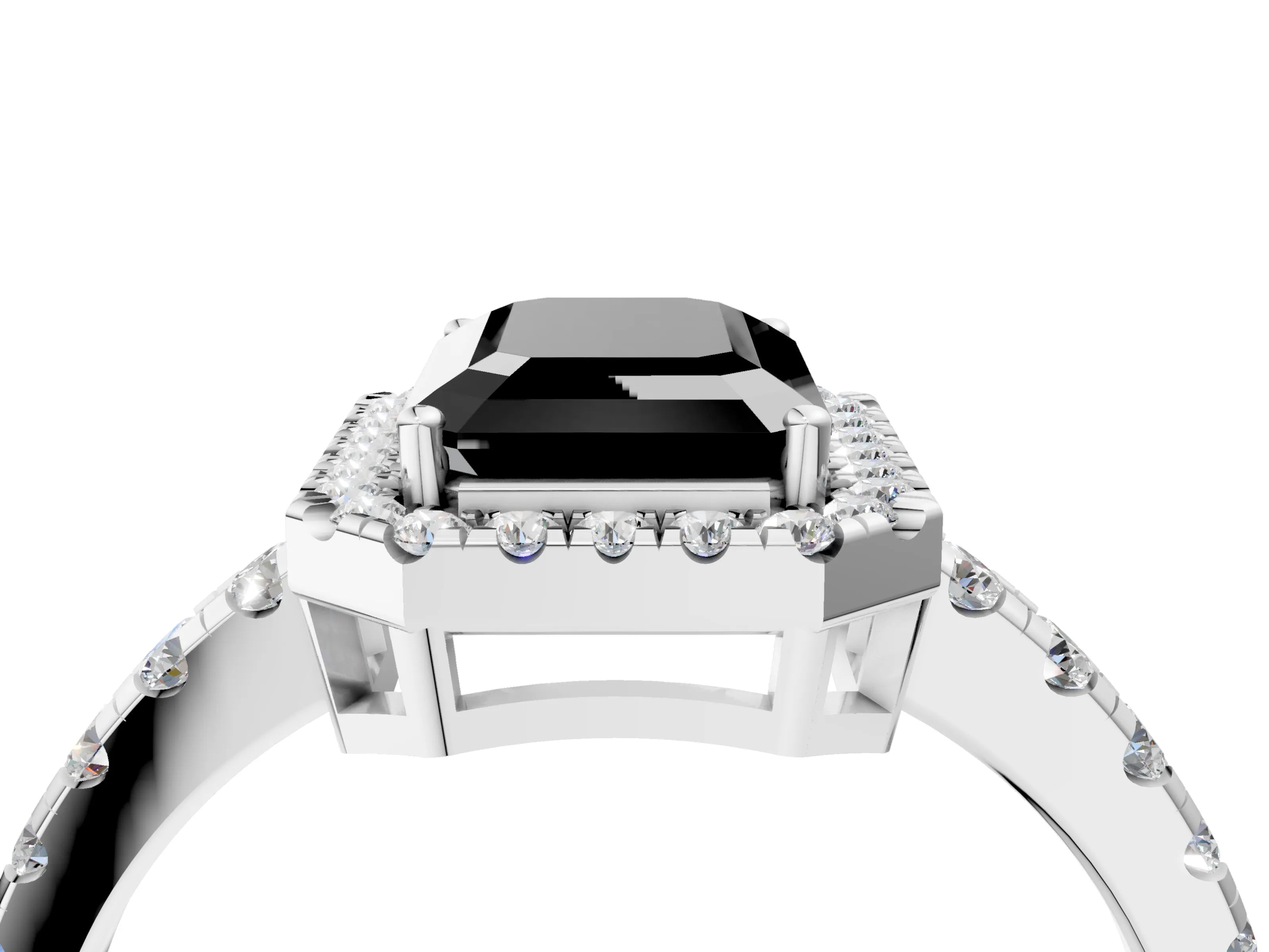 White gold Fancy Black Emerald Cut Diamond Halo Ring with Pavé Band and Four-Prong Setting_16