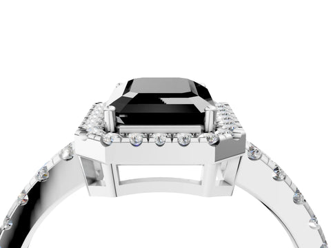 White gold Fancy Black Emerald Cut Diamond Halo Ring with Pavé Band and Four-Prong Setting_16