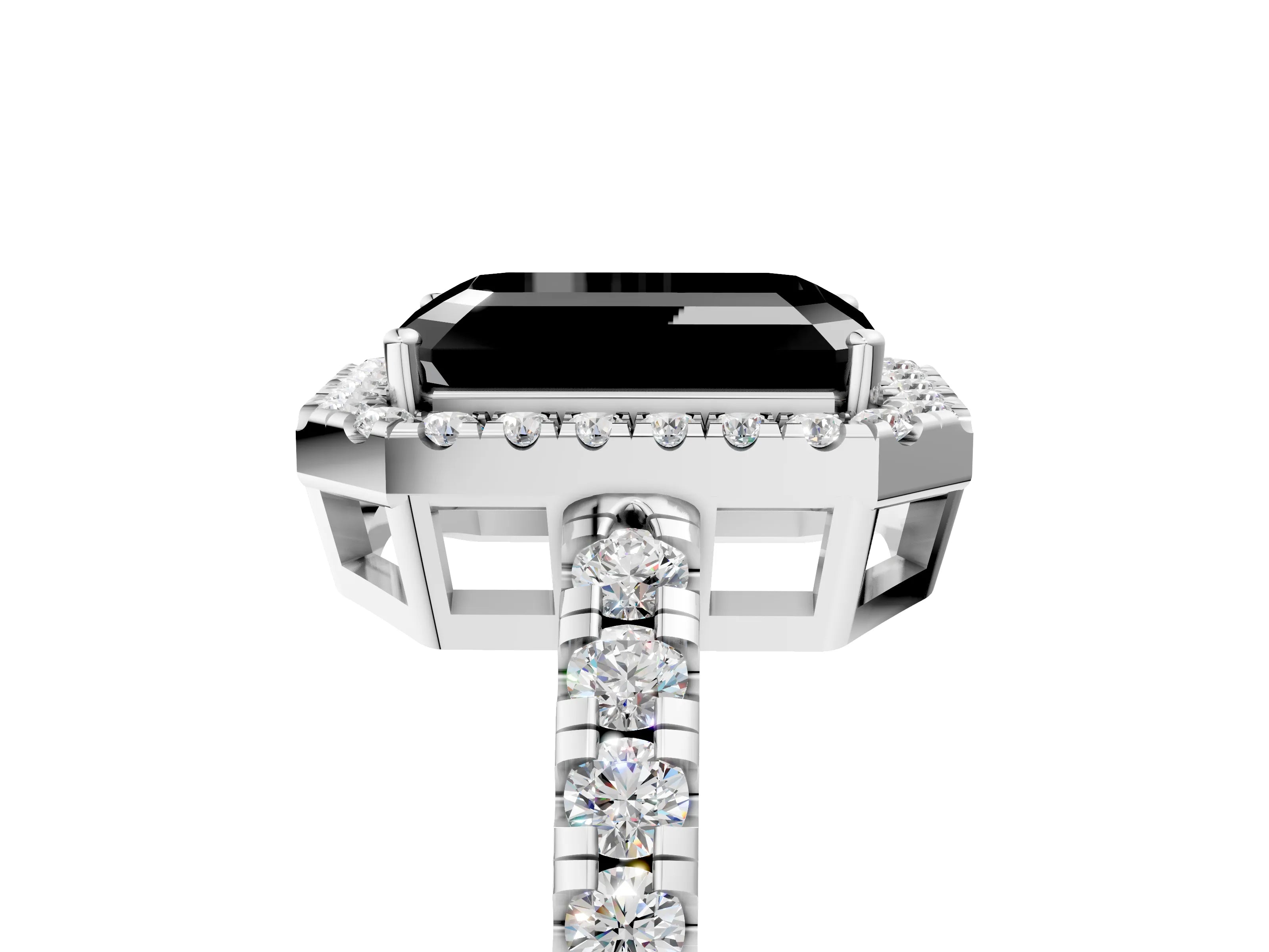 White gold Fancy Black Emerald Cut Diamond Halo Ring with Pavé Band and Four-Prong Setting_17