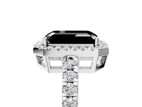White gold Fancy Black Emerald Cut Diamond Halo Ring with Pavé Band and Four-Prong Setting_17
