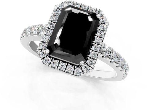 White gold Fancy Black Emerald Cut Diamond Halo Ring with Pavé Band and Four-Prong Setting_1