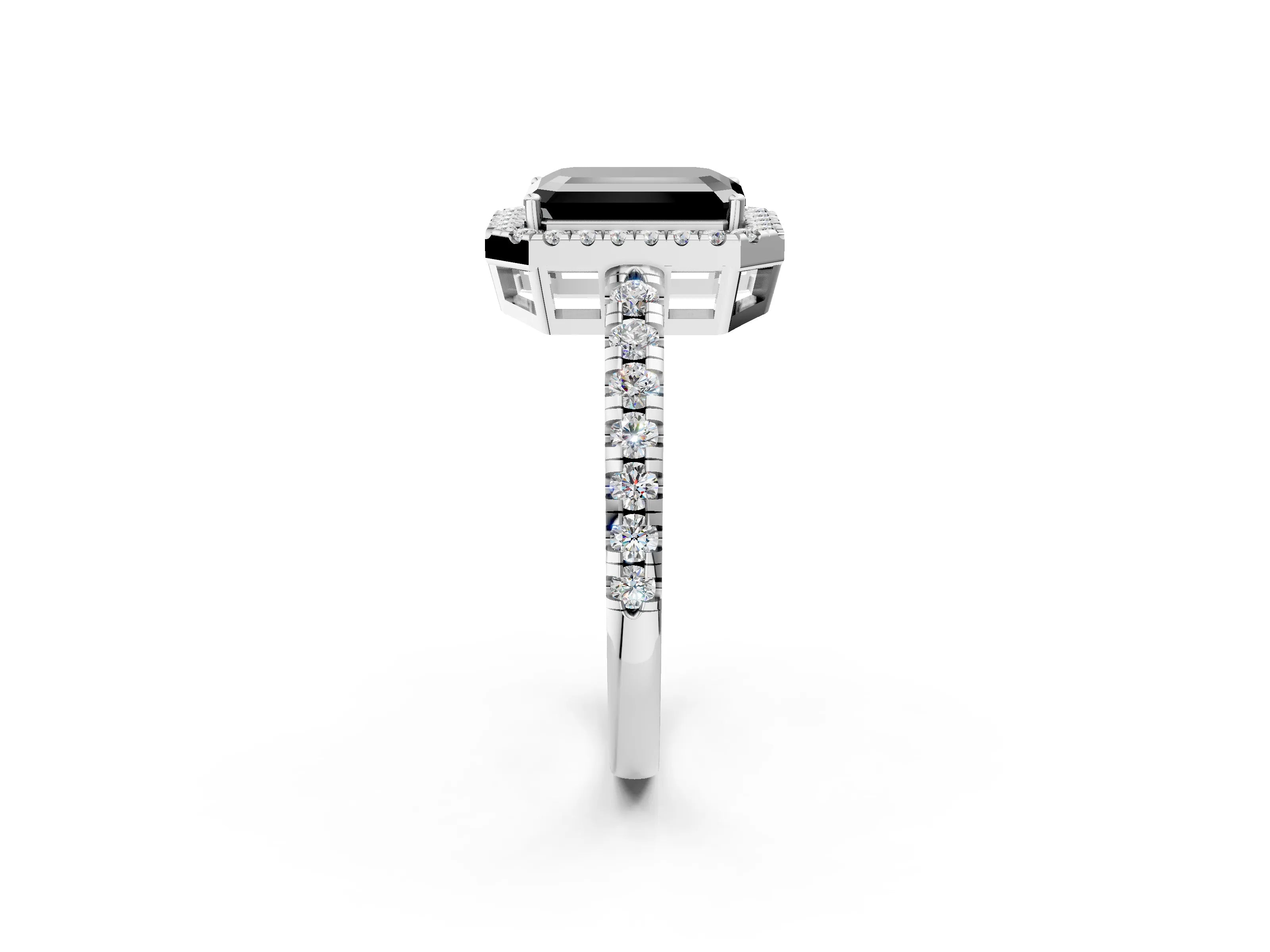 White gold Fancy Black Emerald Cut Diamond Halo Ring with Pavé Band and Four-Prong Setting_2
