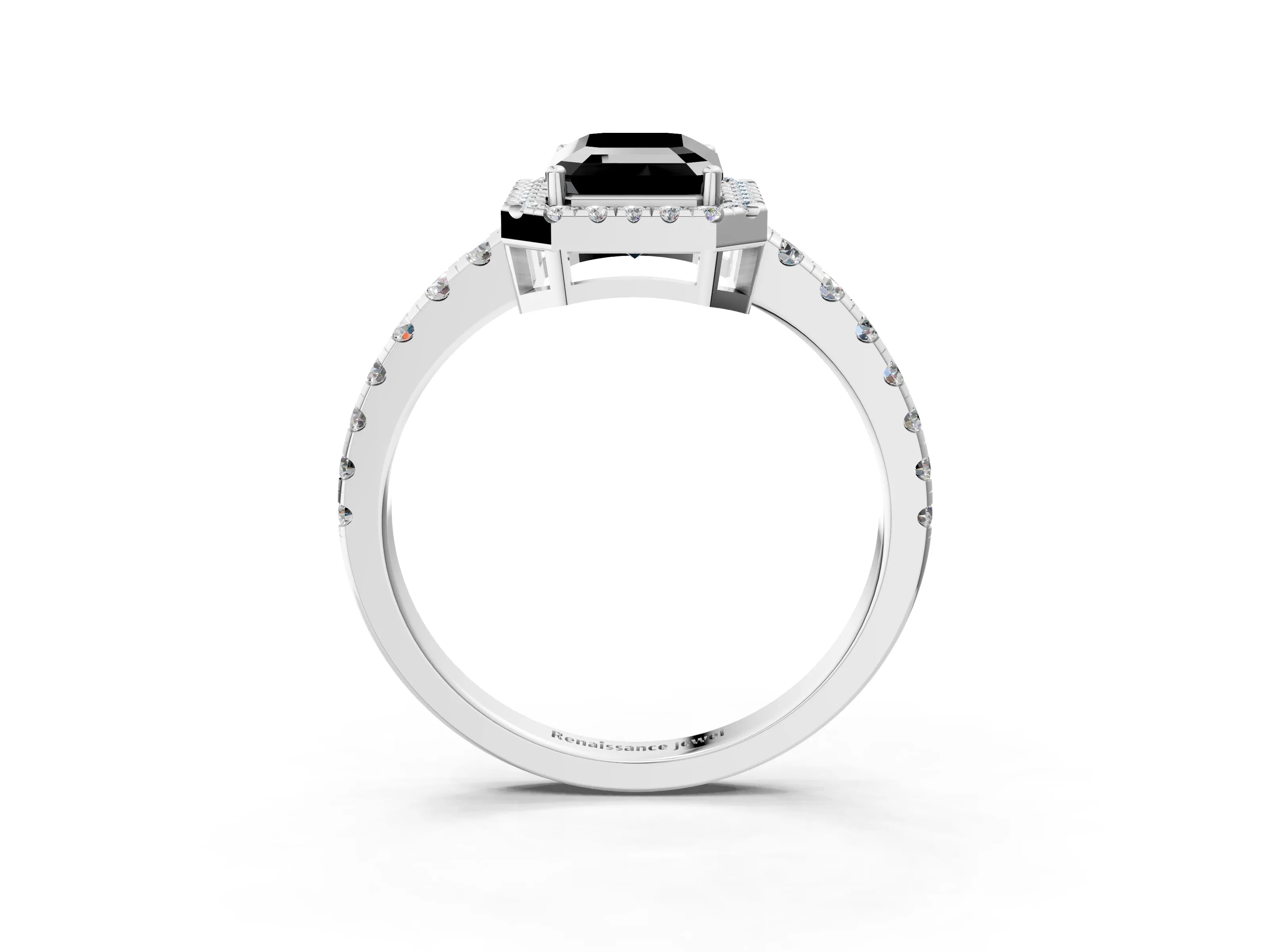 White gold Fancy Black Emerald Cut Diamond Halo Ring with Pavé Band and Four-Prong Setting_3