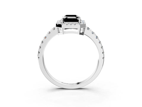 White gold Fancy Black Emerald Cut Diamond Halo Ring with Pavé Band and Four-Prong Setting_3