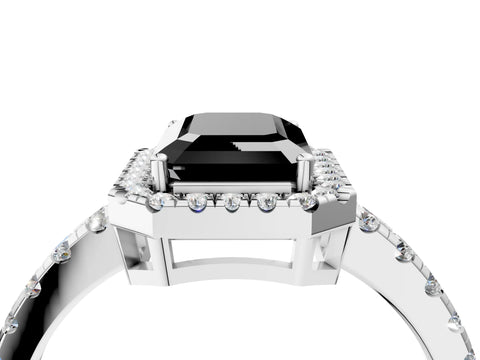 White gold Fancy Black Emerald Cut Diamond Halo Ring with Pavé Band and Four-Prong Setting_4
