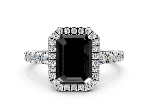 White gold Fancy Black Emerald Cut Diamond Halo Ring with Pavé Band and Four-Prong Setting