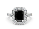 White gold Fancy Black Emerald Cut Diamond Halo Ring with Pavé Band and Prong Setting_12