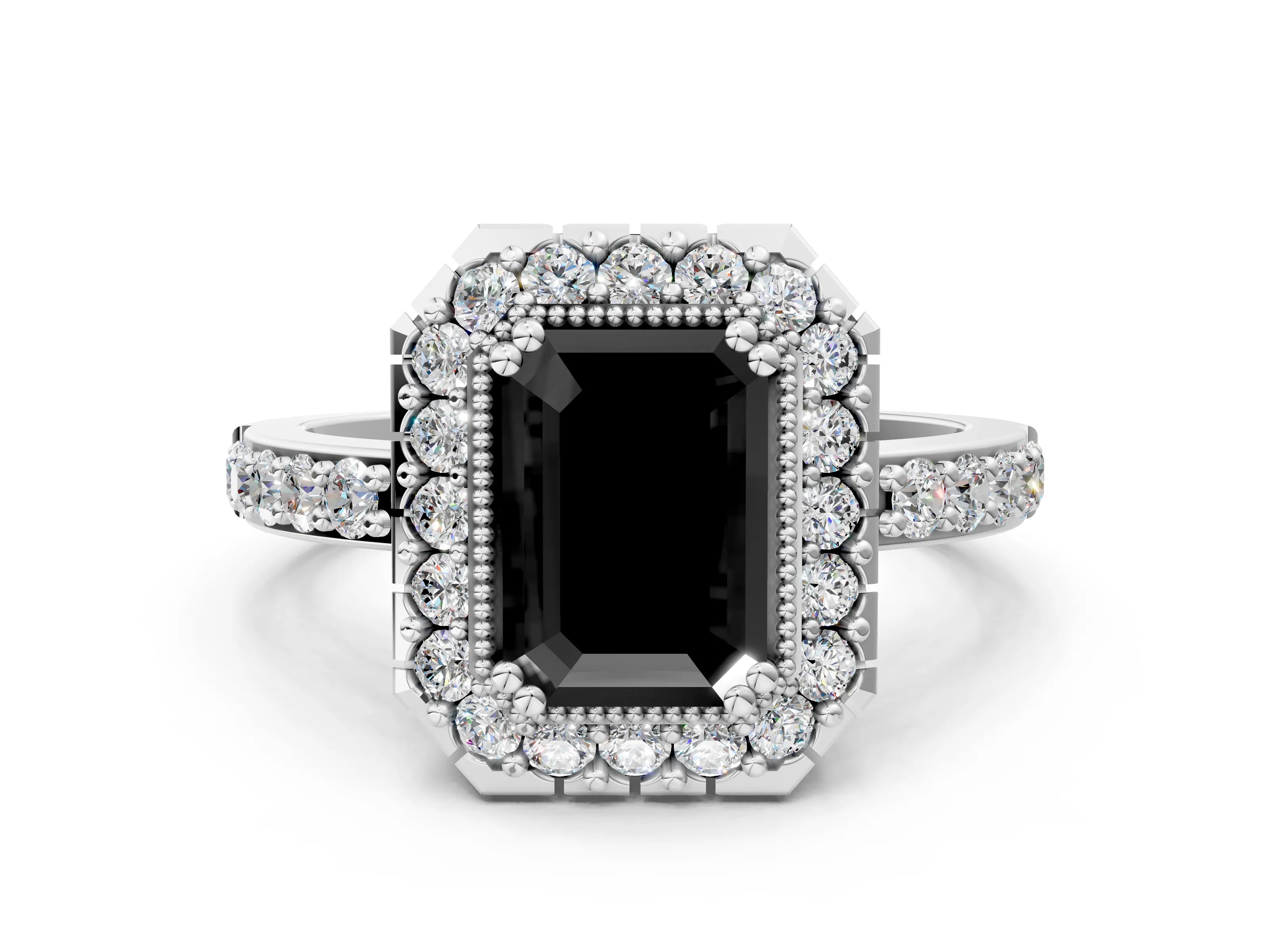 White gold Fancy Black Emerald Cut Diamond Halo Ring with Pavé Band and Prong Setting_12
