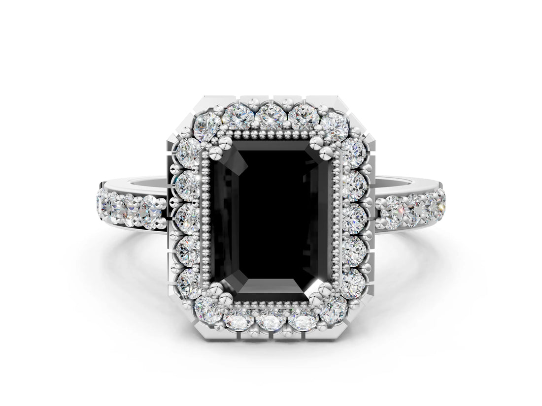 White gold Fancy Black Emerald Cut Diamond Halo Ring with Pavé Band and Prong Setting_12