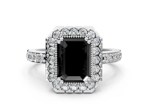 White gold Fancy Black Emerald Cut Diamond Halo Ring with Pavé Band and Prong Setting_12