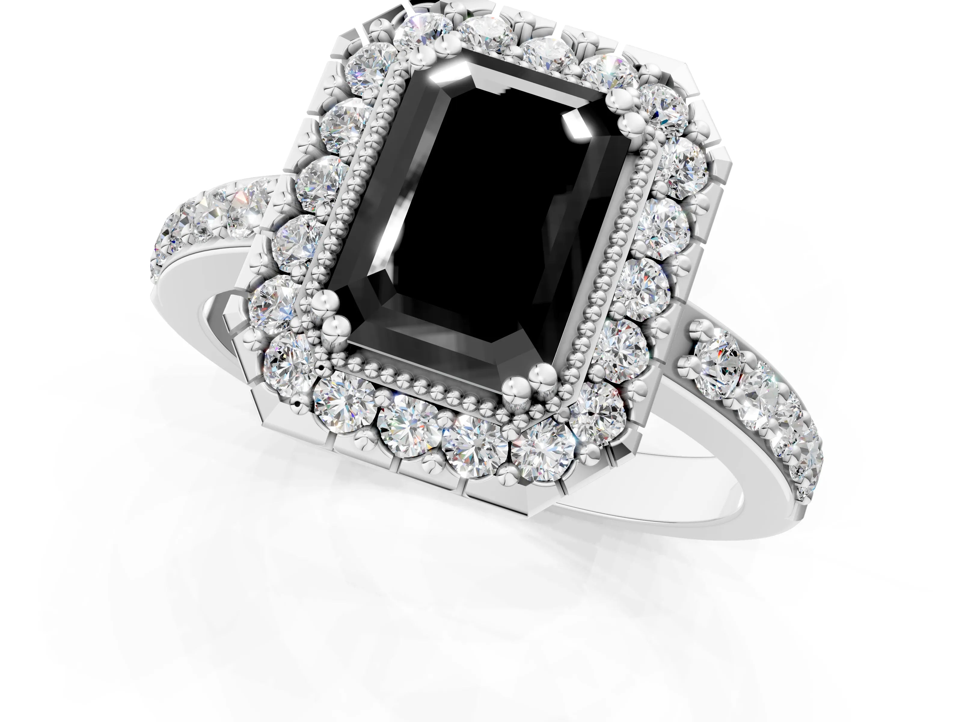 White gold Fancy Black Emerald Cut Diamond Halo Ring with Pavé Band and Prong Setting_13