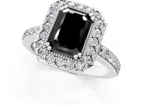 White gold Fancy Black Emerald Cut Diamond Halo Ring with Pavé Band and Prong Setting_13