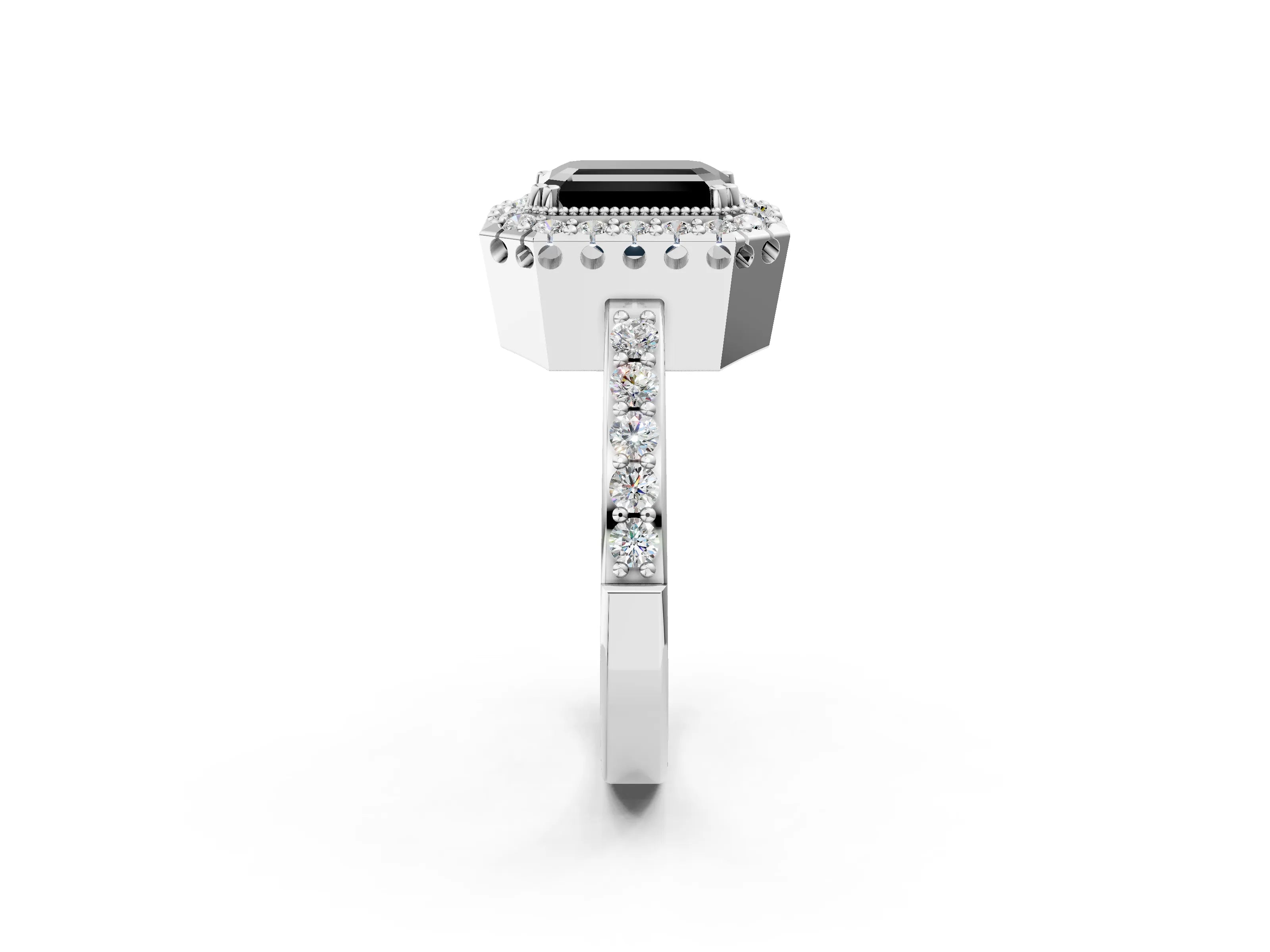 White gold Fancy Black Emerald Cut Diamond Halo Ring with Pavé Band and Prong Setting_14