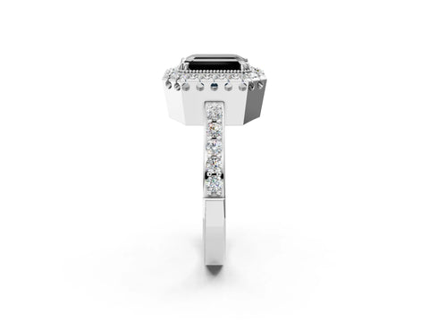 White gold Fancy Black Emerald Cut Diamond Halo Ring with Pavé Band and Prong Setting_14