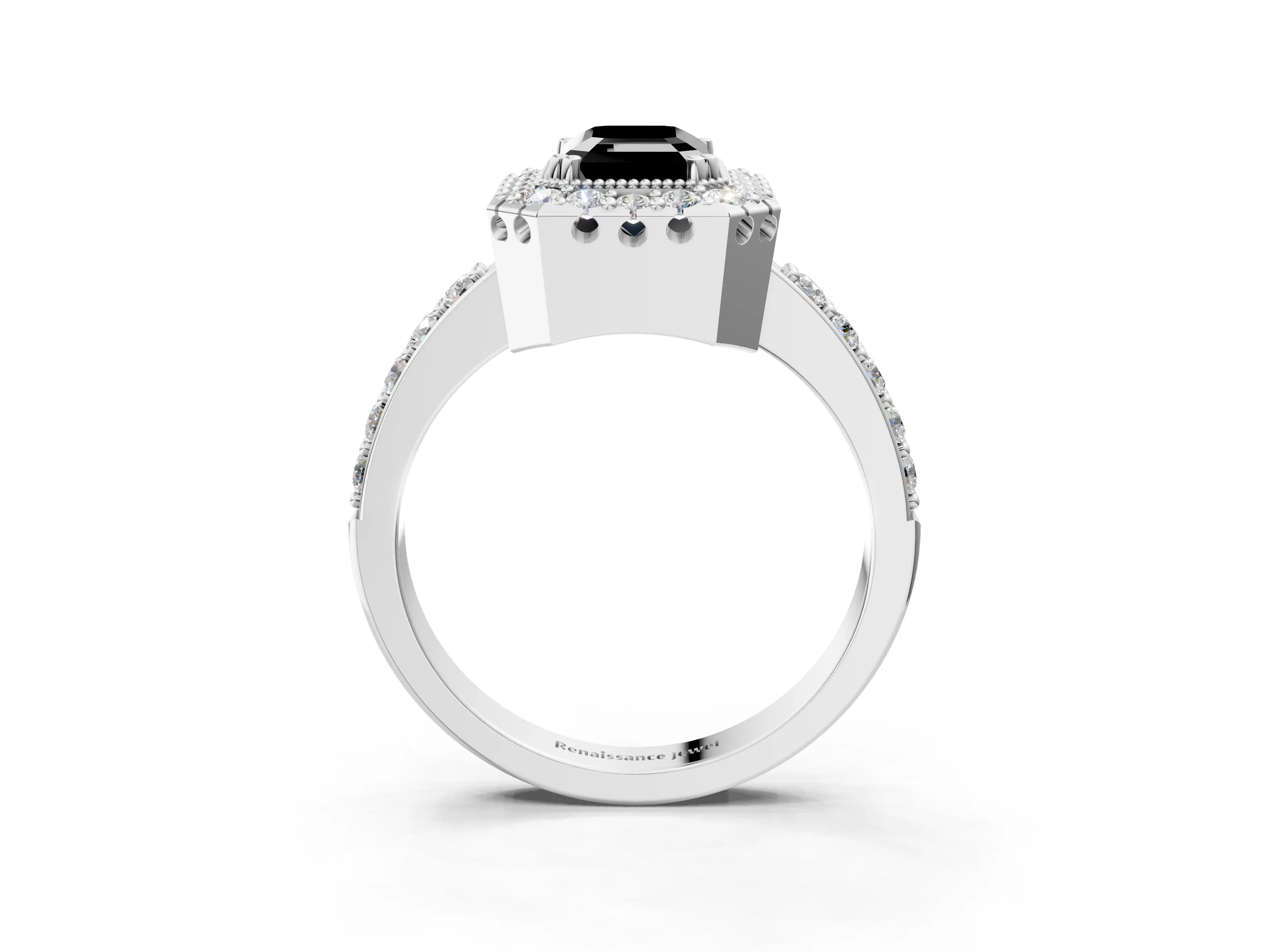White gold Fancy Black Emerald Cut Diamond Halo Ring with Pavé Band and Prong Setting_15