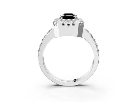 White gold Fancy Black Emerald Cut Diamond Halo Ring with Pavé Band and Prong Setting_15