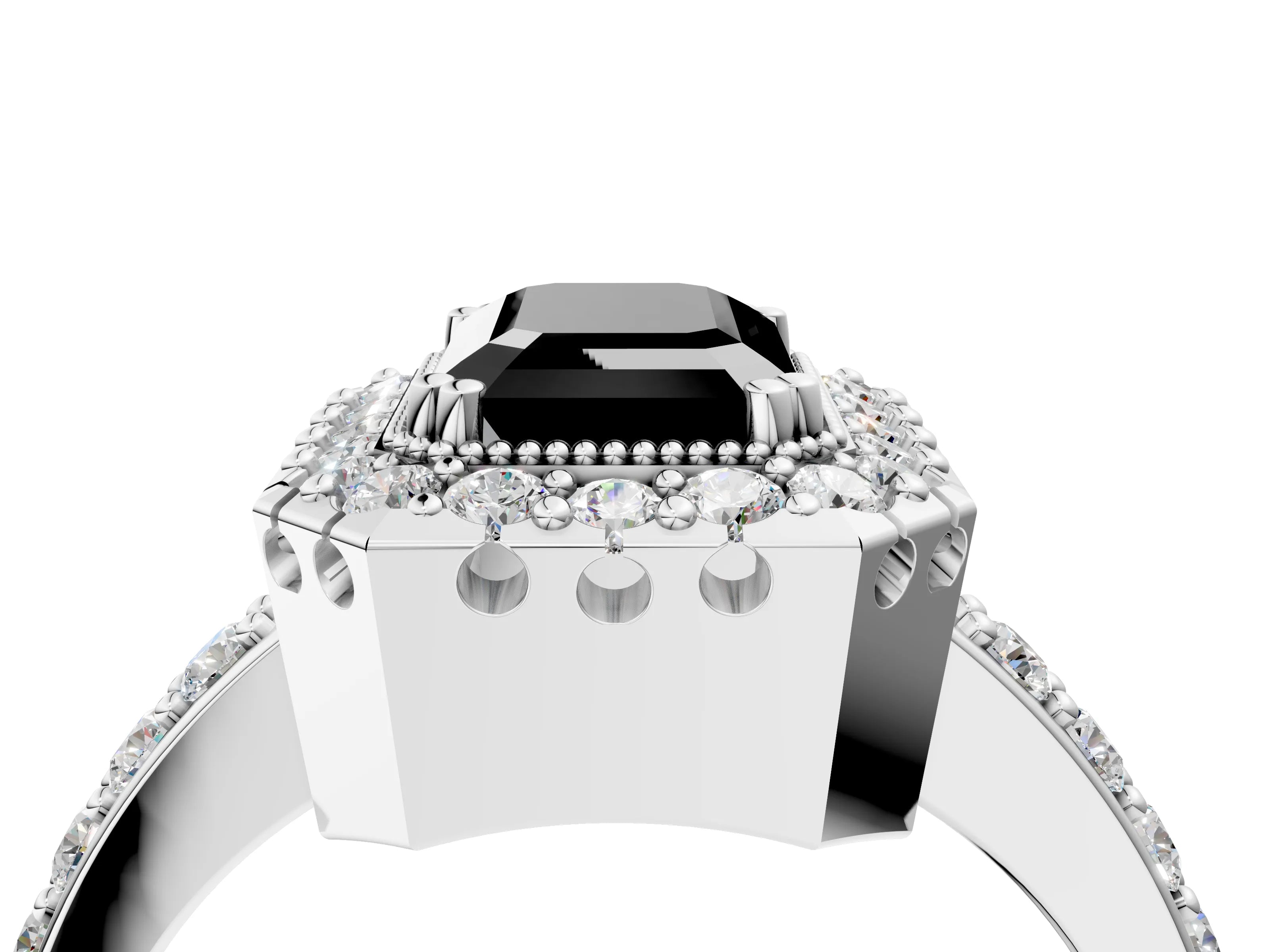 White gold Fancy Black Emerald Cut Diamond Halo Ring with Pavé Band and Prong Setting_16