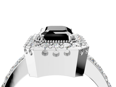 White gold Fancy Black Emerald Cut Diamond Halo Ring with Pavé Band and Prong Setting_16