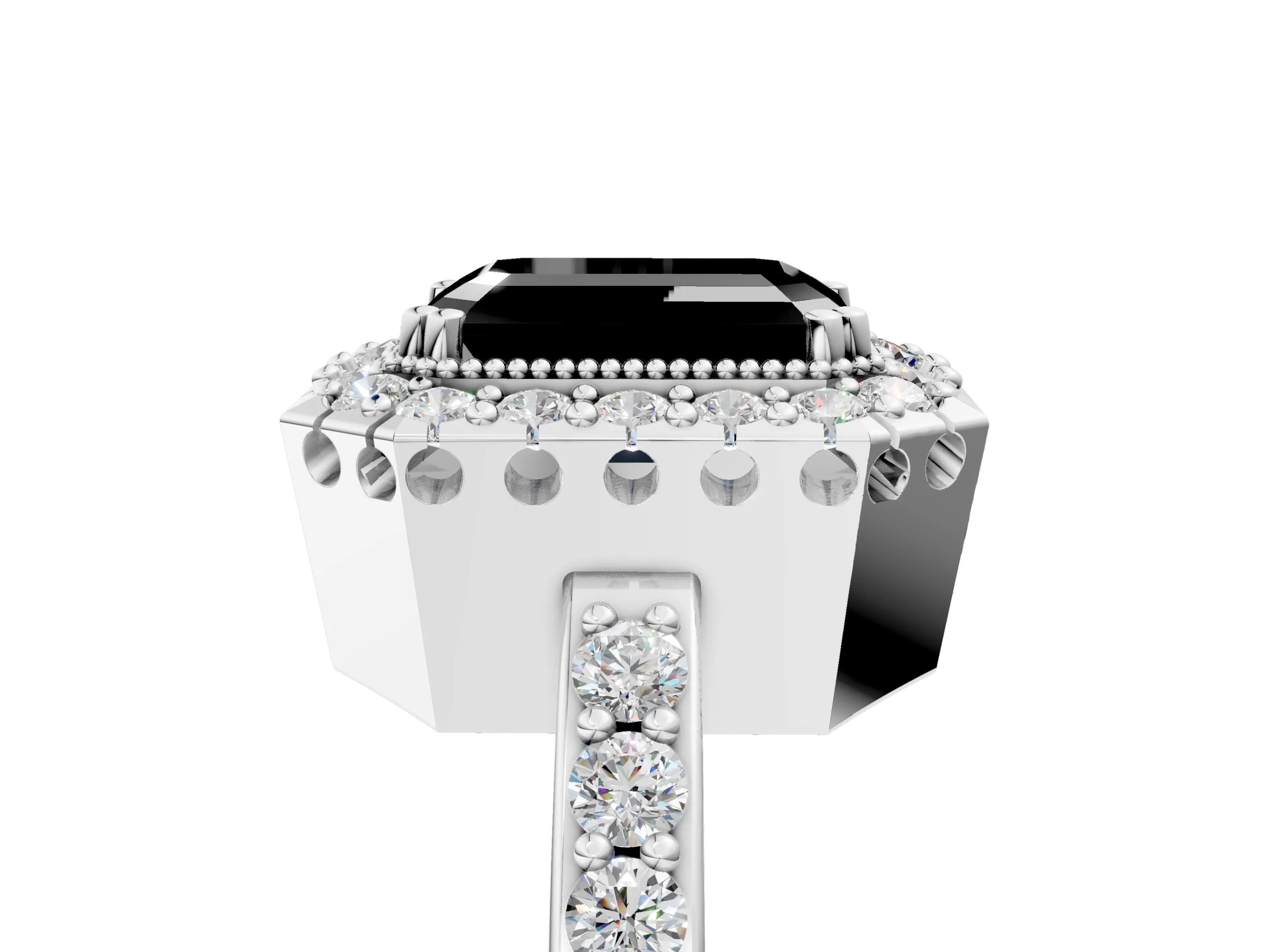 White gold Fancy Black Emerald Cut Diamond Halo Ring with Pavé Band and Prong Setting_17