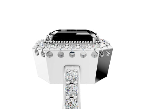 White gold Fancy Black Emerald Cut Diamond Halo Ring with Pavé Band and Prong Setting_17
