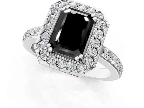 White gold Fancy Black Emerald Cut Diamond Halo Ring with Pavé Band and Prong Setting_1