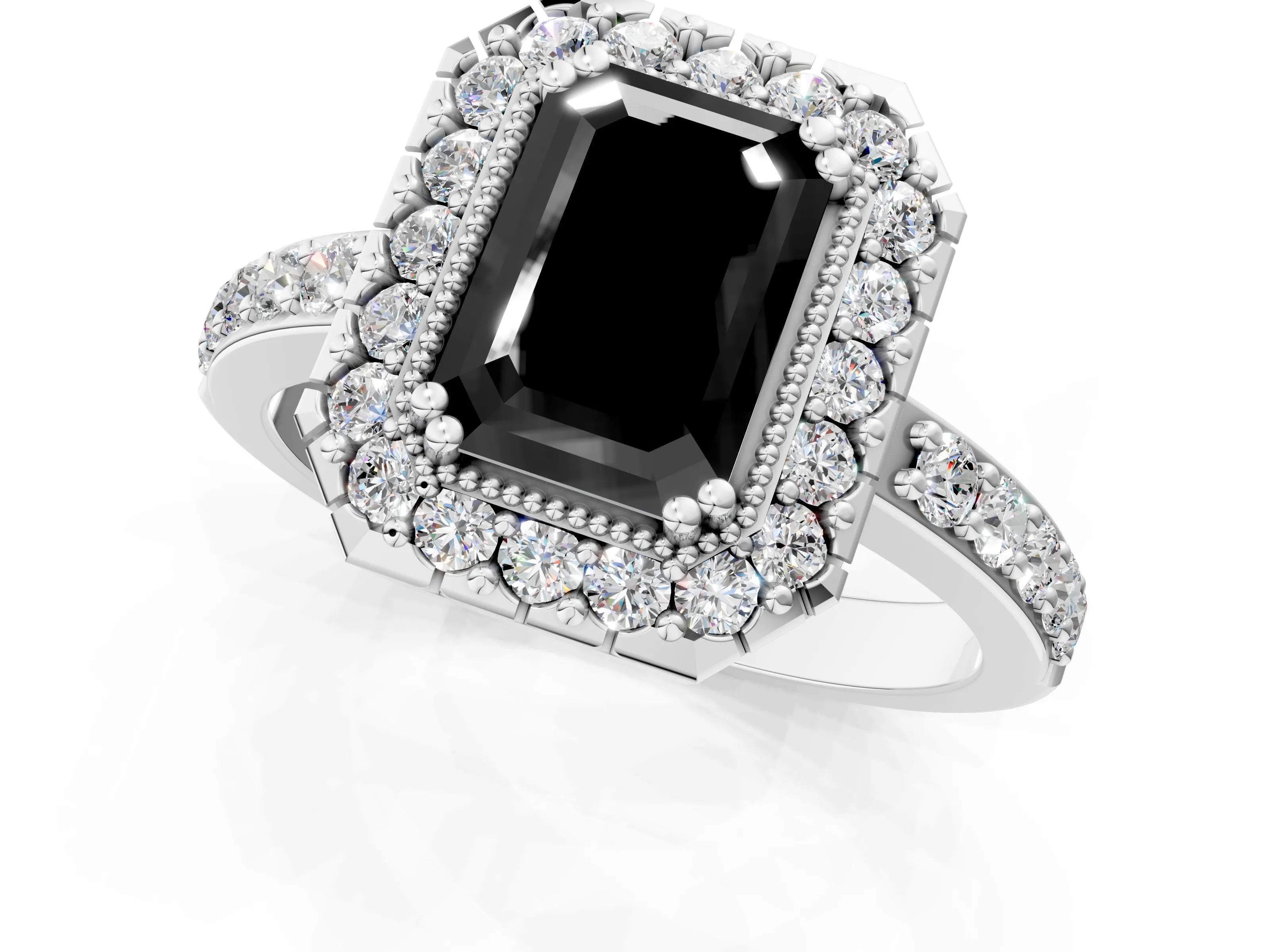 White gold Fancy Black Emerald Cut Diamond Halo Ring with Pavé Band and Prong Setting_1