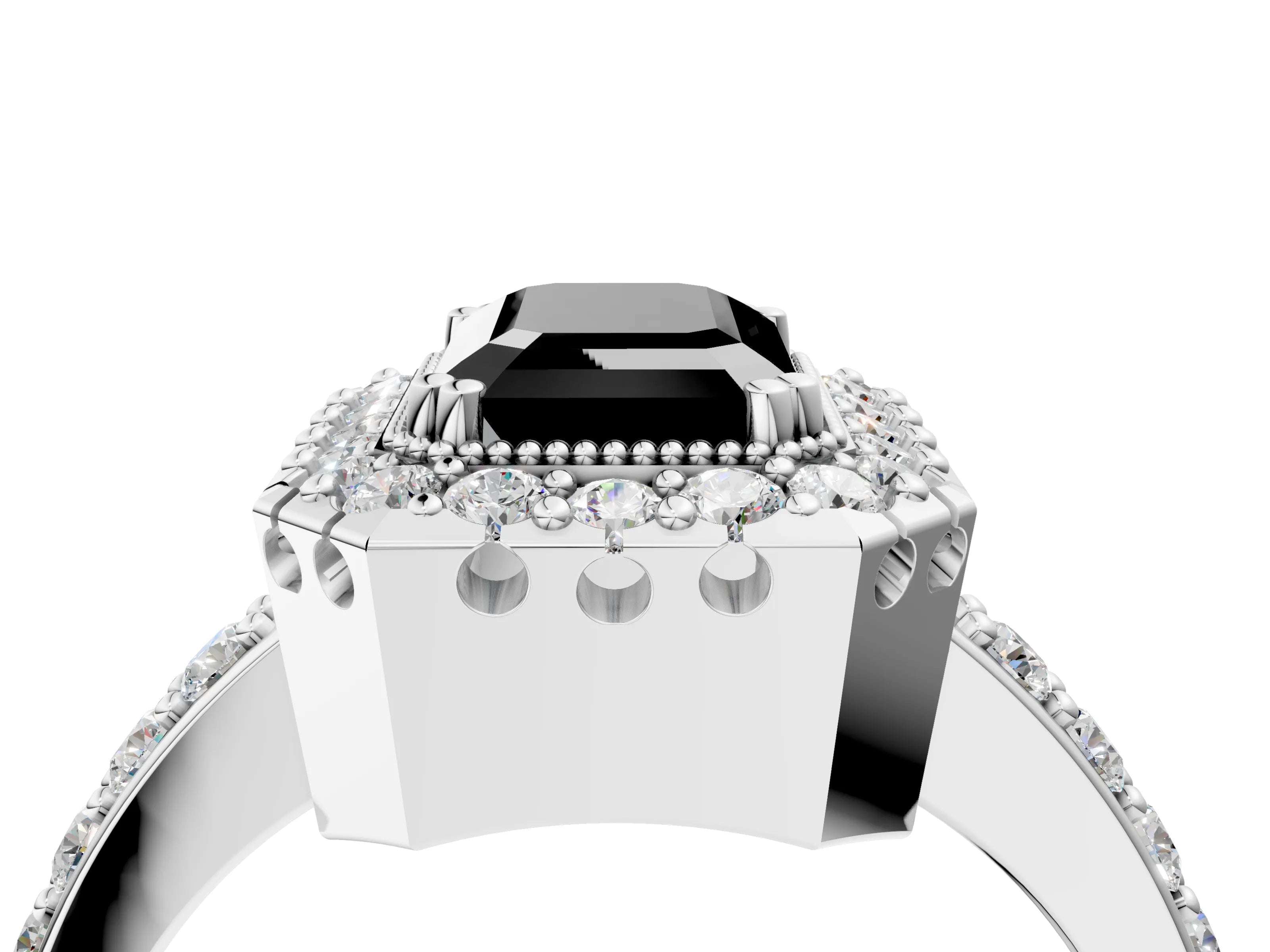 White gold Fancy Black Emerald Cut Diamond Halo Ring with Pavé Band and Prong Setting_4