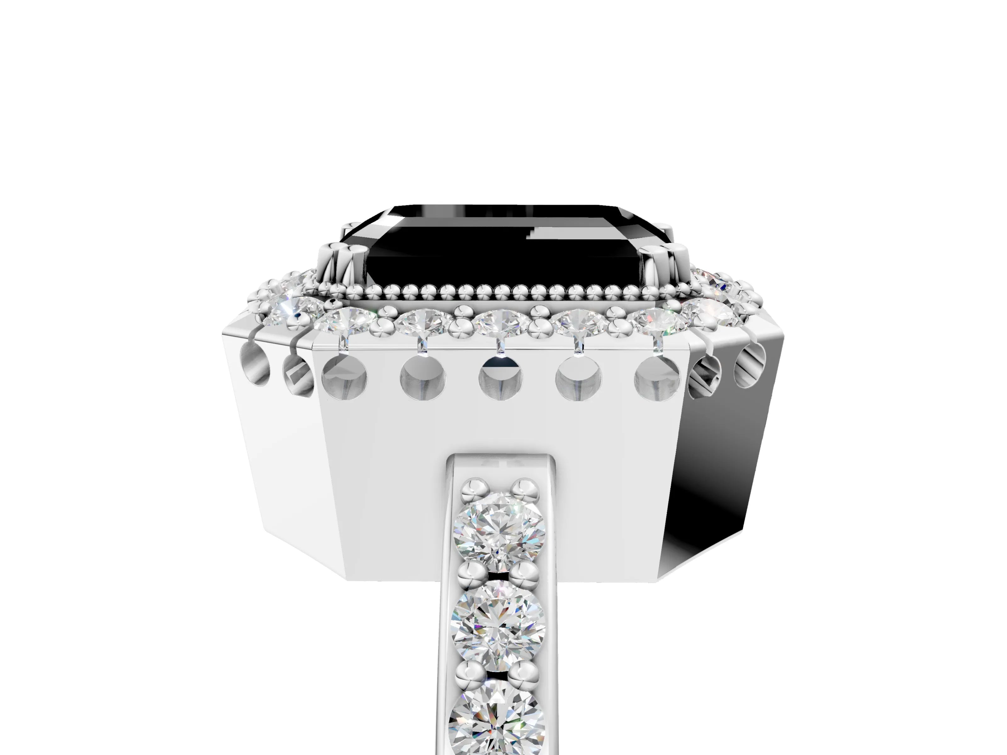 White gold Fancy Black Emerald Cut Diamond Halo Ring with Pavé Band and Prong Setting_5