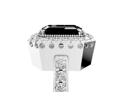 White gold Fancy Black Emerald Cut Diamond Halo Ring with Pavé Band and Prong Setting_5