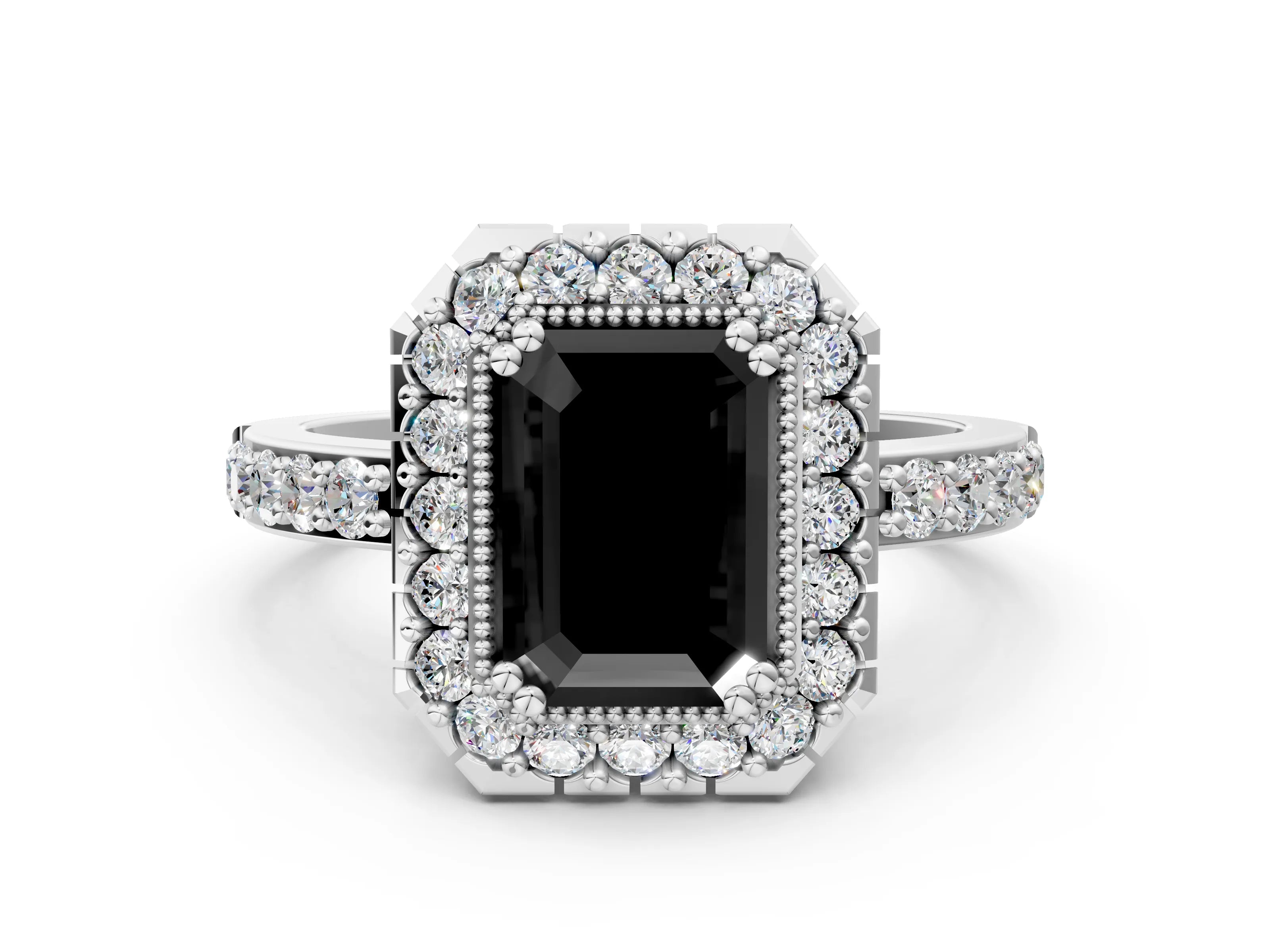White gold Fancy Black Emerald Cut Diamond Halo Ring with Pavé Band and Prong Setting