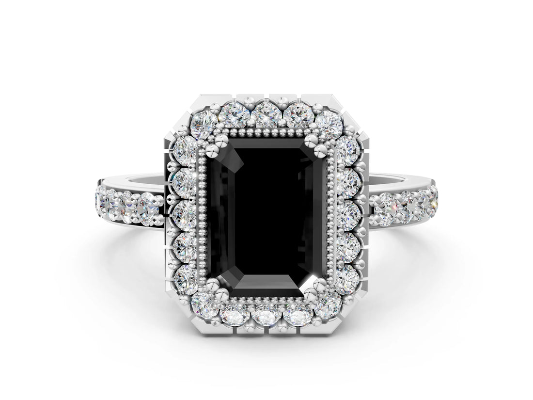 White gold Fancy Black Emerald Cut Diamond Halo Ring with Pavé Band and Prong Setting
