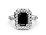 White gold Fancy Black Emerald Cut Diamond Halo Ring with Pavé Band and Prong Setting