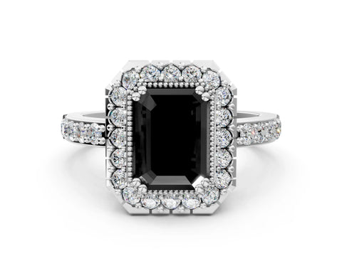 White gold Fancy Black Emerald Cut Diamond Halo Ring with Pavé Band and Prong Setting