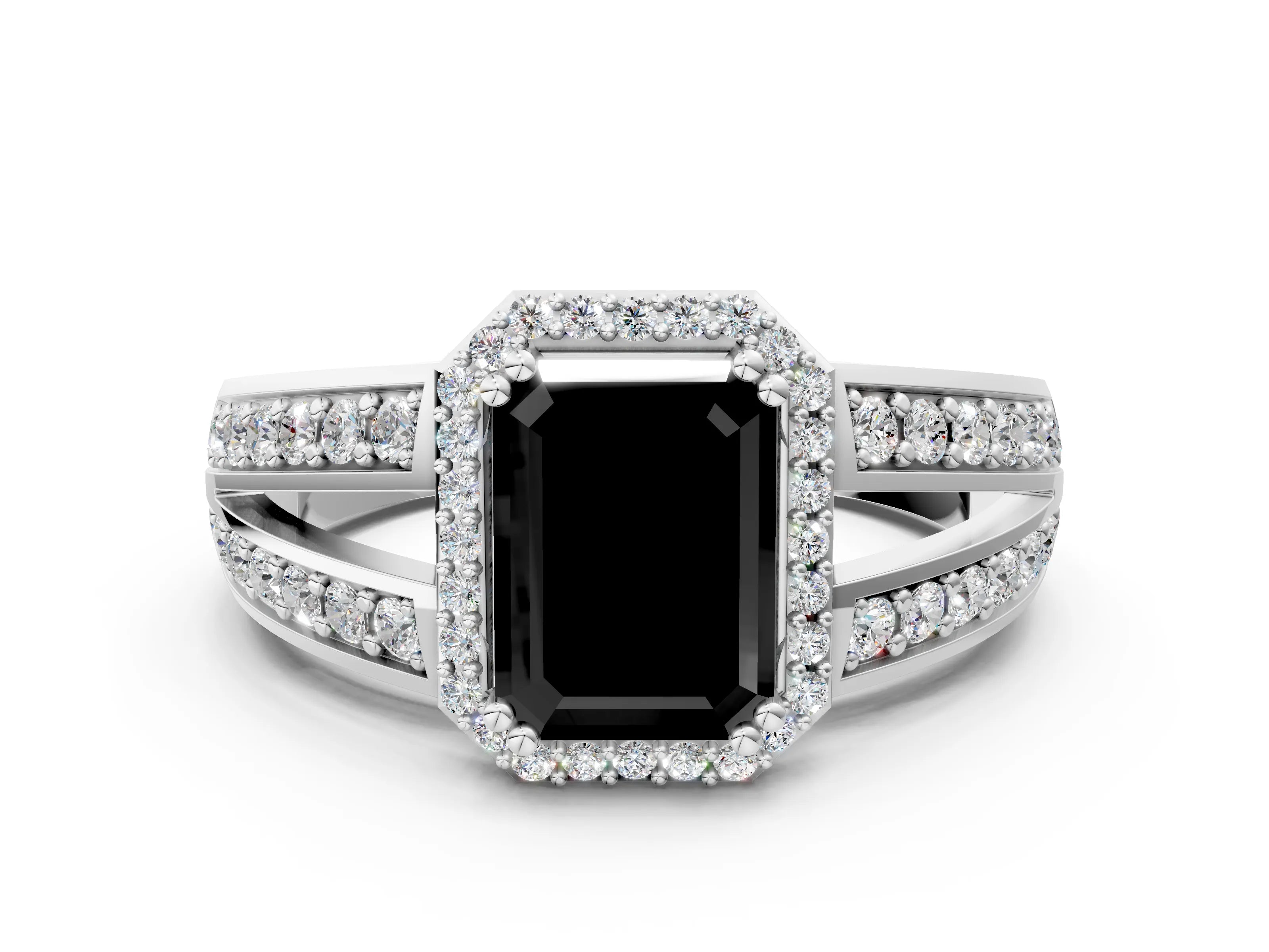 White gold Fancy Black Emerald Cut Diamond Halo Ring with Split Shank Pavé Band and Four-Prong Setting_12