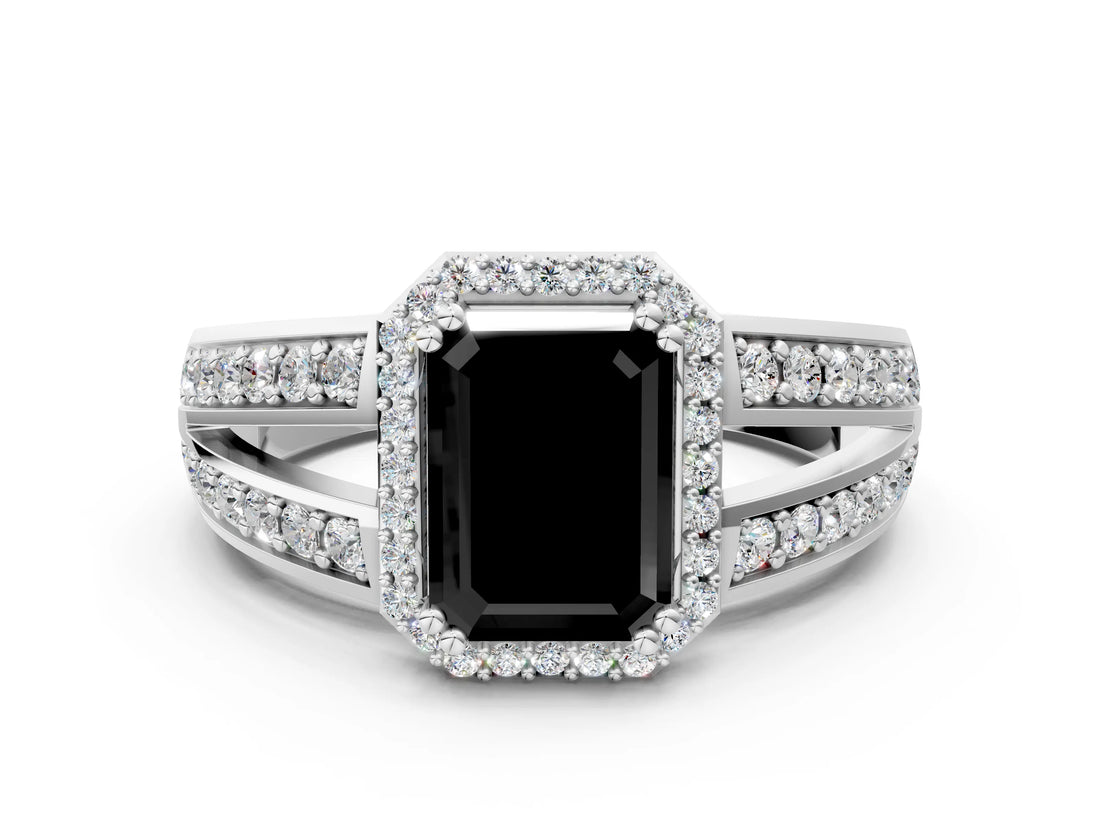White gold Fancy Black Emerald Cut Diamond Halo Ring with Split Shank Pavé Band and Four-Prong Setting_12