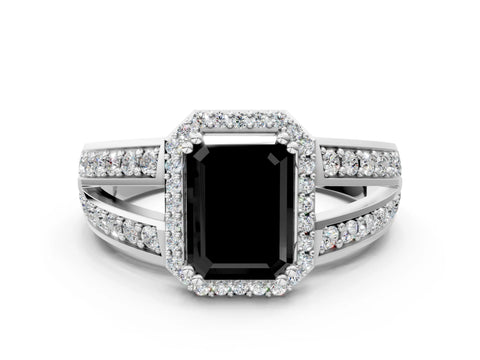 White gold Fancy Black Emerald Cut Diamond Halo Ring with Split Shank Pavé Band and Four-Prong Setting_12
