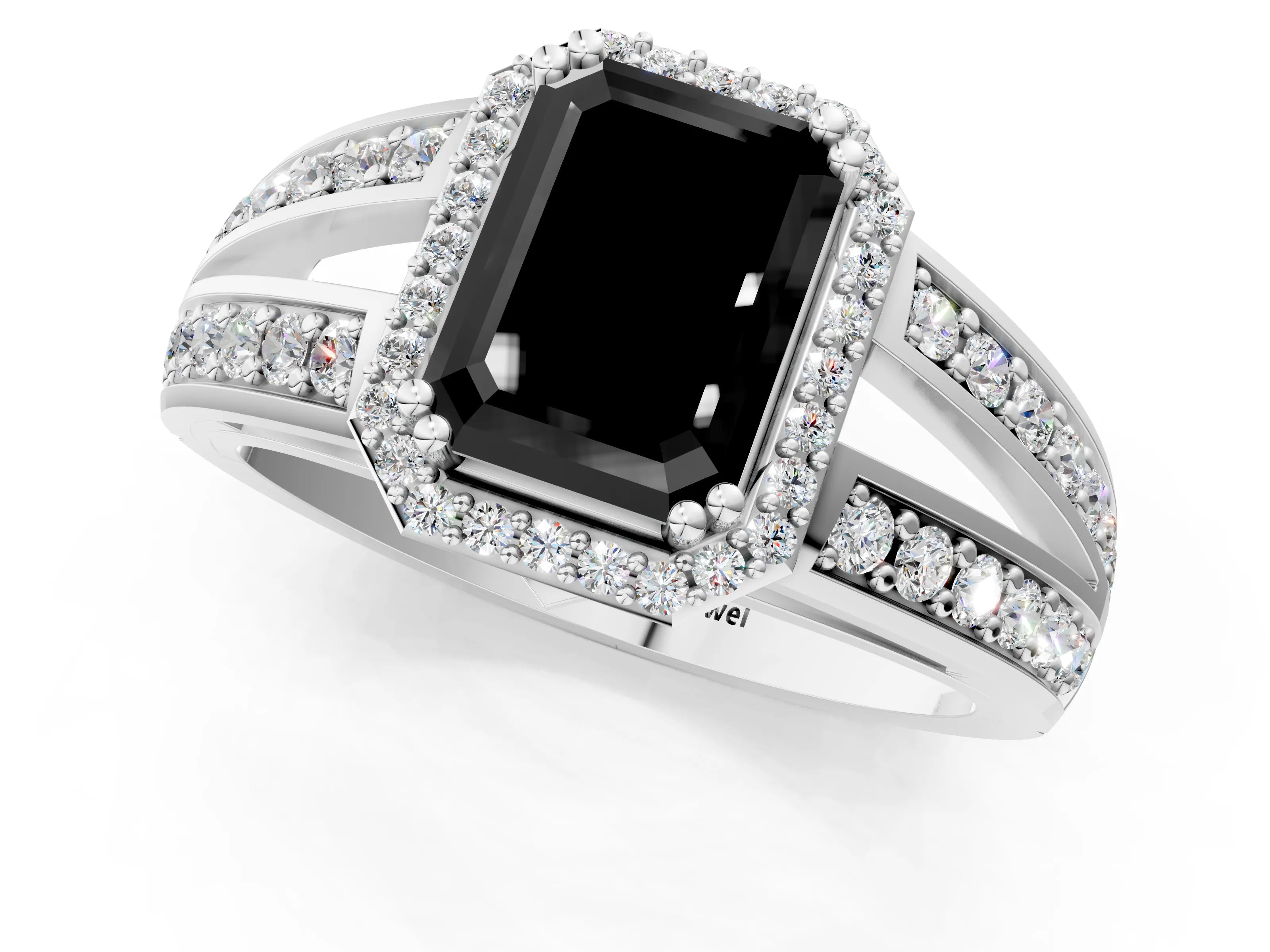 White gold Fancy Black Emerald Cut Diamond Halo Ring with Split Shank Pavé Band and Four-Prong Setting_13