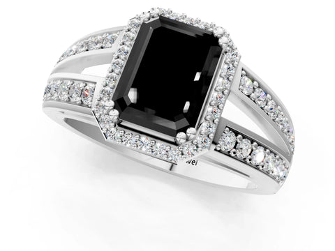 White gold Fancy Black Emerald Cut Diamond Halo Ring with Split Shank Pavé Band and Four-Prong Setting_13