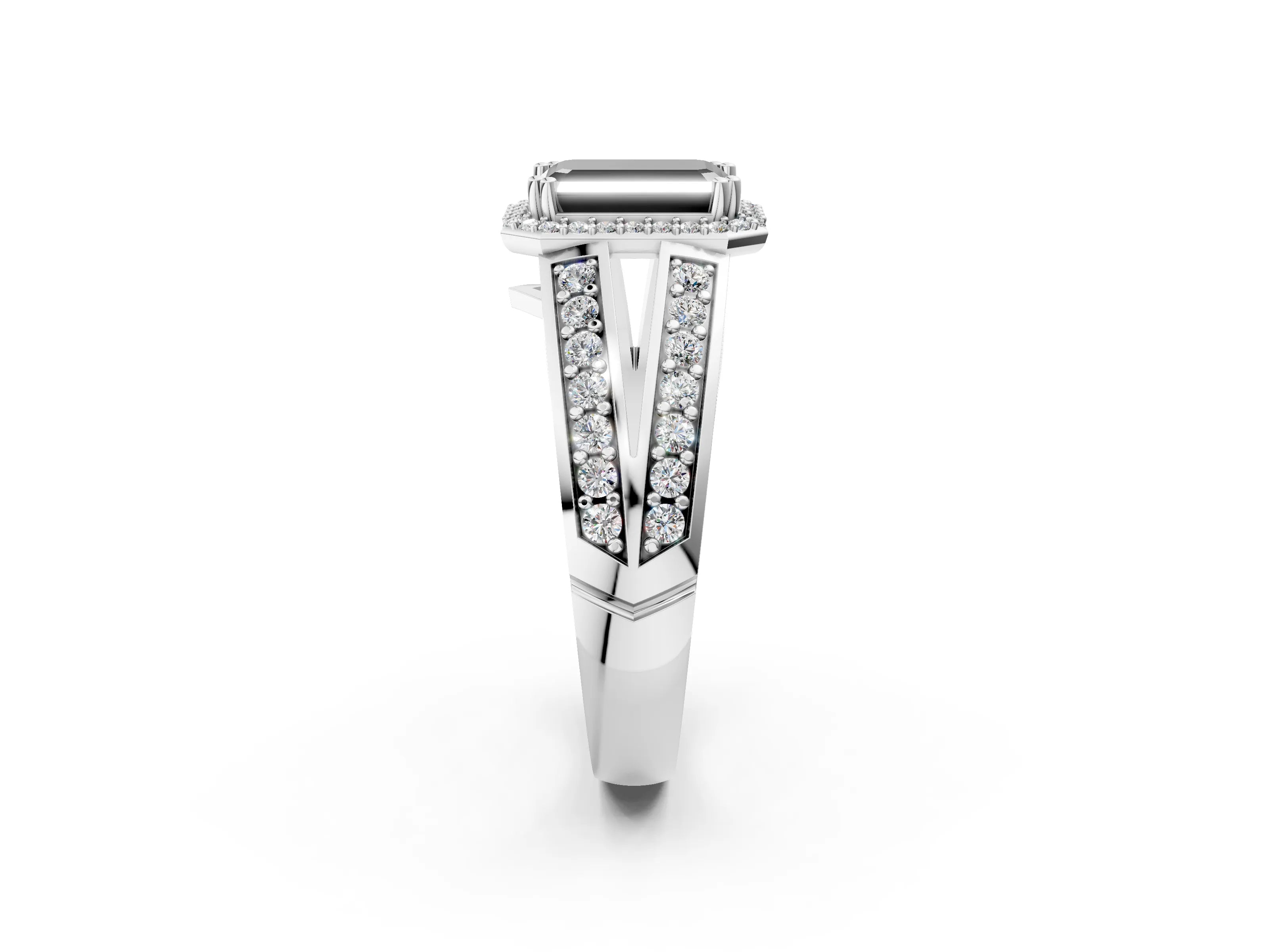White gold Fancy Black Emerald Cut Diamond Halo Ring with Split Shank Pavé Band and Four-Prong Setting_14
