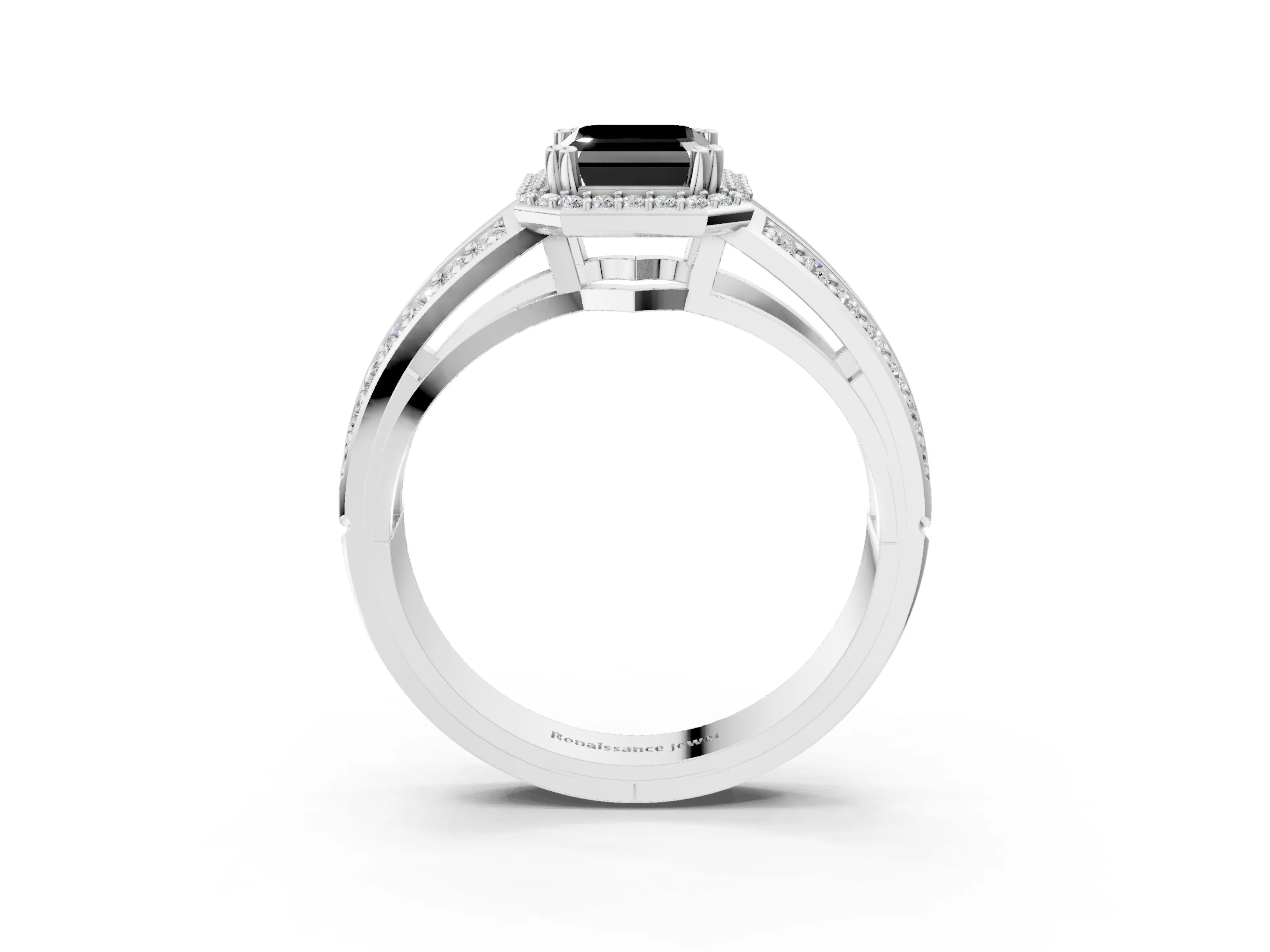 White gold Fancy Black Emerald Cut Diamond Halo Ring with Split Shank Pavé Band and Four-Prong Setting_15