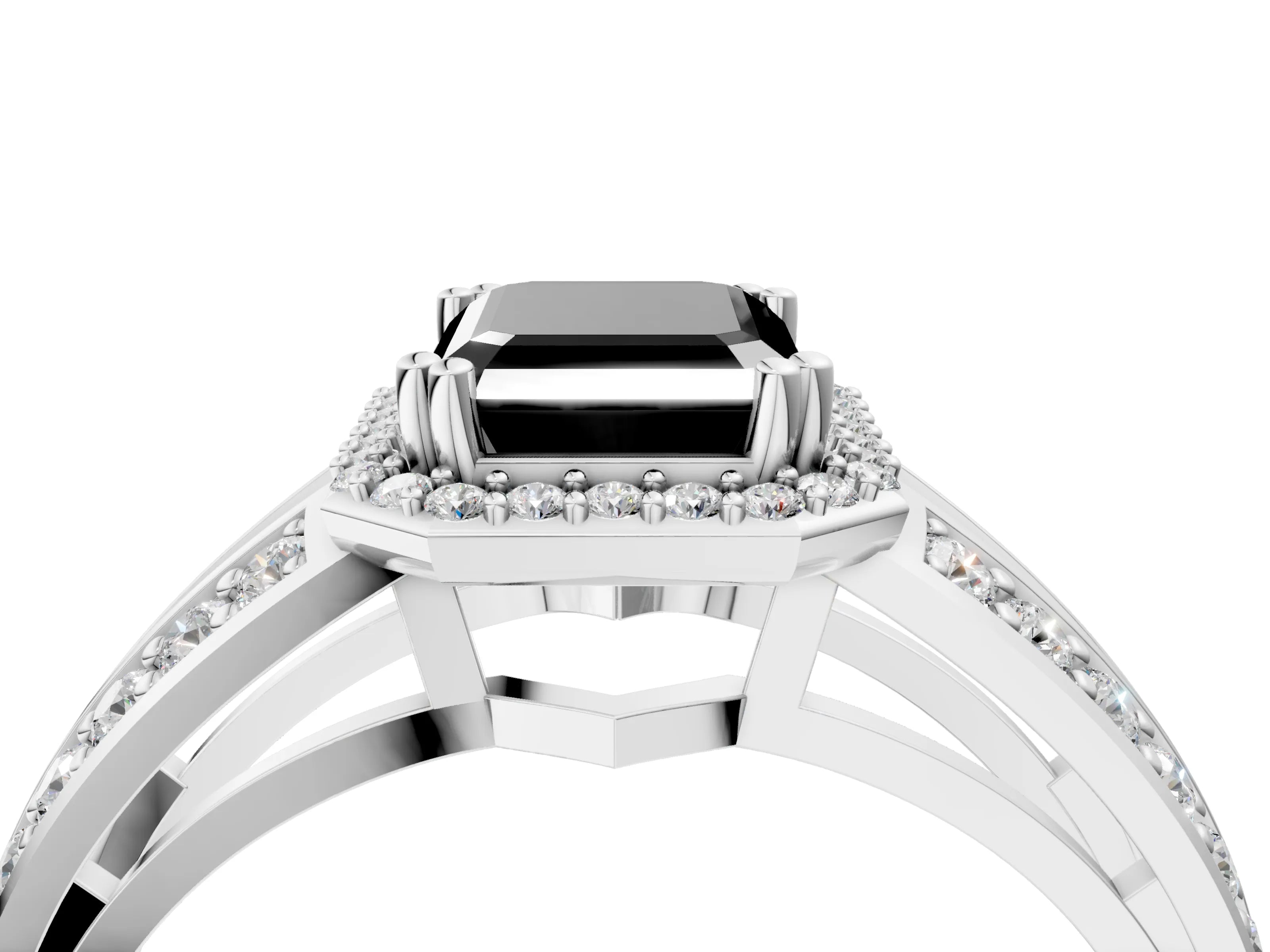White gold Fancy Black Emerald Cut Diamond Halo Ring with Split Shank Pavé Band and Four-Prong Setting_16