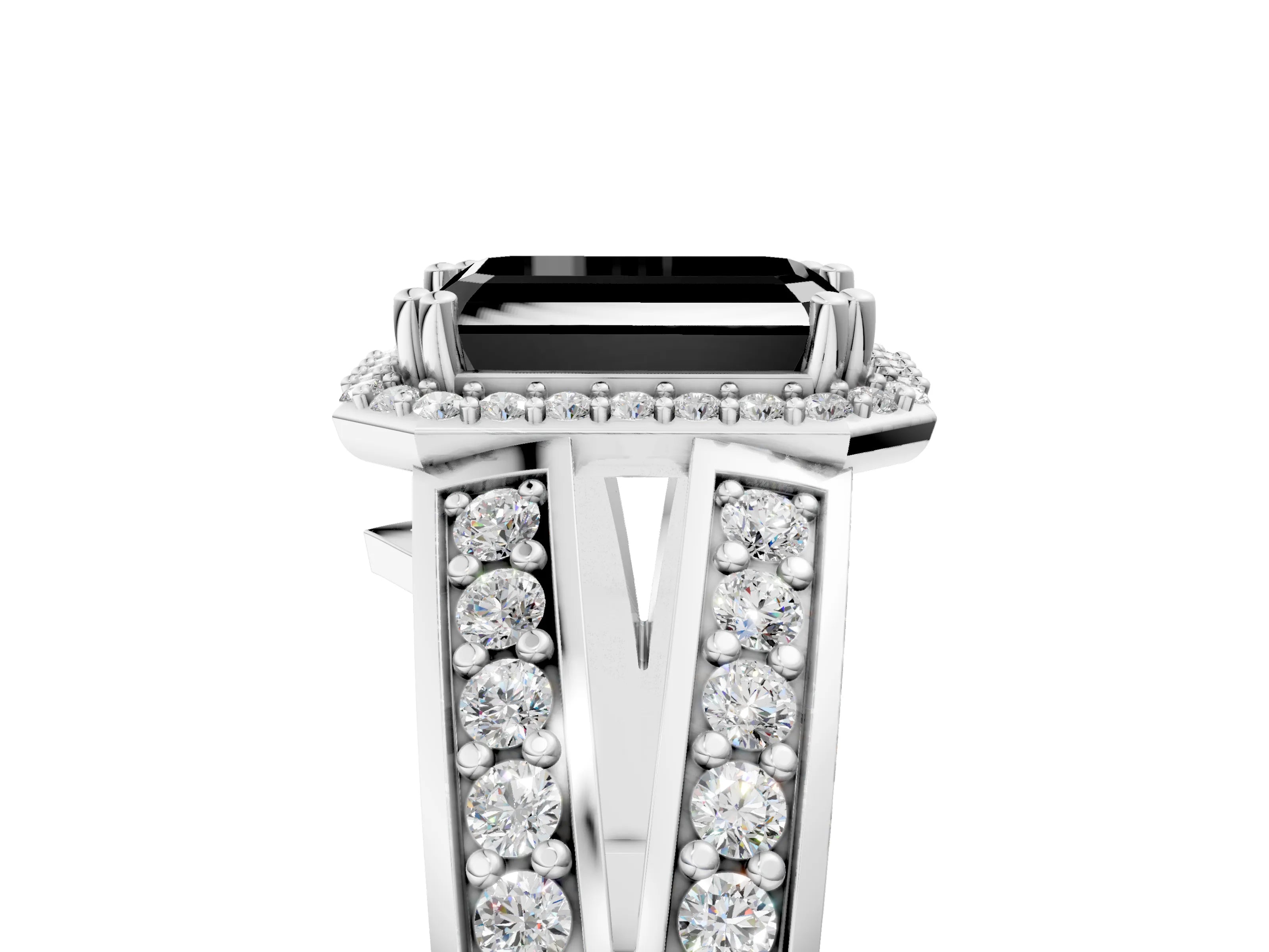 White gold Fancy Black Emerald Cut Diamond Halo Ring with Split Shank Pavé Band and Four-Prong Setting_17