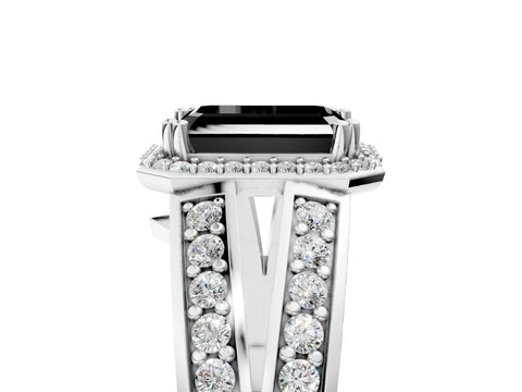 White gold Fancy Black Emerald Cut Diamond Halo Ring with Split Shank Pavé Band and Four-Prong Setting_17