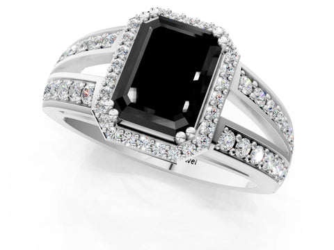 White gold Fancy Black Emerald Cut Diamond Halo Ring with Split Shank Pavé Band and Four-Prong Setting_1