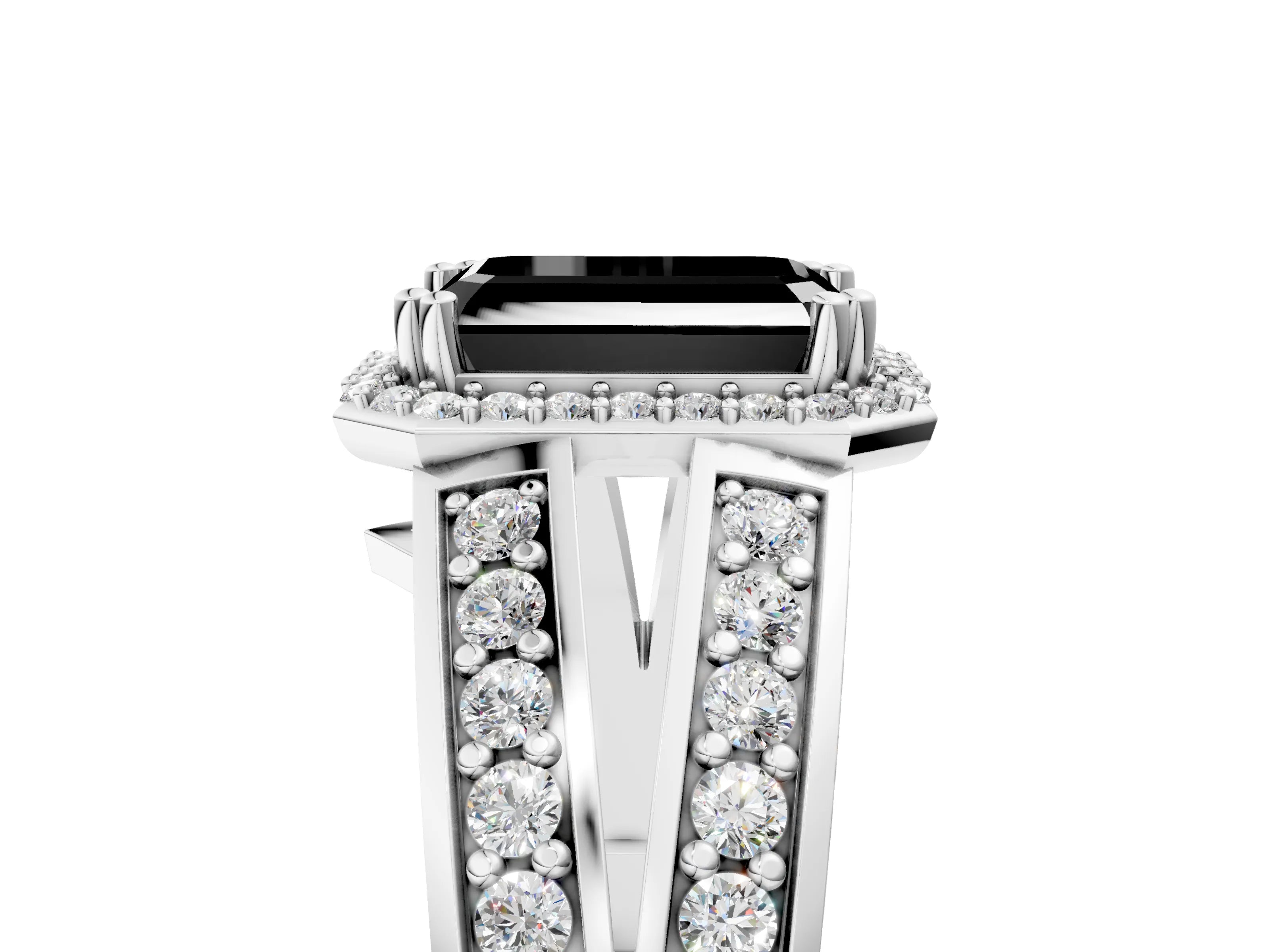White gold Fancy Black Emerald Cut Diamond Halo Ring with Split Shank Pavé Band and Four-Prong Setting_5